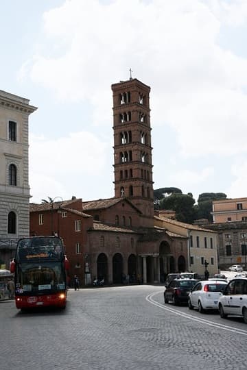 Exterior, viewed from the north on the Piazza della Bocca della Verità. The facade dates from the 8th century and the tower from the 12th century.