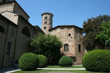 Exterior view of the Neoniano Baptistery and campanile from southeast.