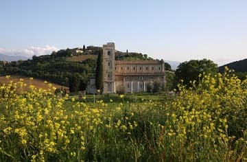 View of the beautiful Abbey of Sant'Antimo in Tuscany from the north, with spring blossoms in the foreground. Said to have been founded by Charlemagne in 781, the present abbey church dates from 1118.