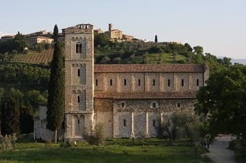 View of the beautiful Abbey of Sant'Antimo in Tuscany from the north. Said to have been founded by Charlemagne in 781, the present abbey church dates from 1118.