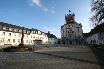 View of St. Matthias Abbey Church from the west, across the expansive courtyard.