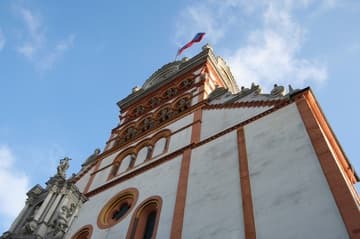 View of the west facade, which is predominantly Romanesque with Baroque embellishments.