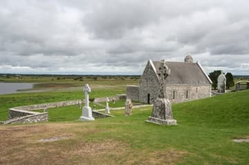 Temple Connor (c.1200) and the River Shannon at Clonmacnoise.