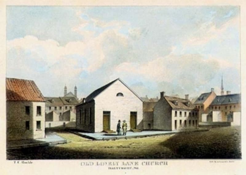 Drawing of the original Lovely Lane Meeting House, built 1774.