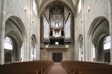 Interior view, looking west to the organ.
