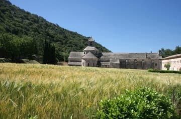 View of the 12th-century Abbey of Senanque from north. On the left is the chevet, with a main apse flanked by two apsidoles on each side. The tall rectangular structure in the center is the sacristy. Extending to the right are the chapter house (with close-set windows) and warming house (with chimneys). Nestled in a valley in Provence famed for its lavender fields, the Cistercian Abbey of Senanque was founded in 1148. The austere and harmonious church, built in the Romanesque style, was consecrated in 1178.