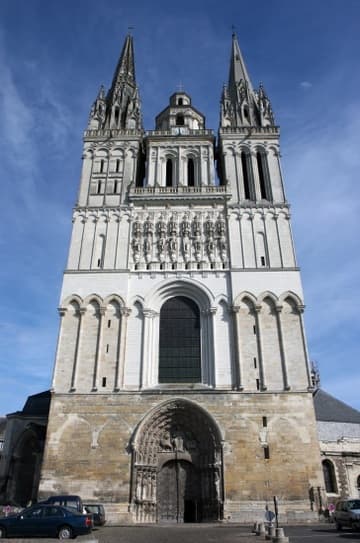 The unique west facade of Angers Cathedral.