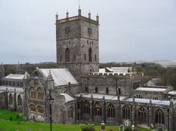 View of St. David's Cathedral from above and to the southeast, just after passing through the medieval gateway. St Davids, Wales.
