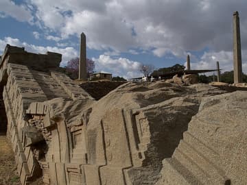 The fascinating Axum stelae field, with a huge fallen stele in the foreground.