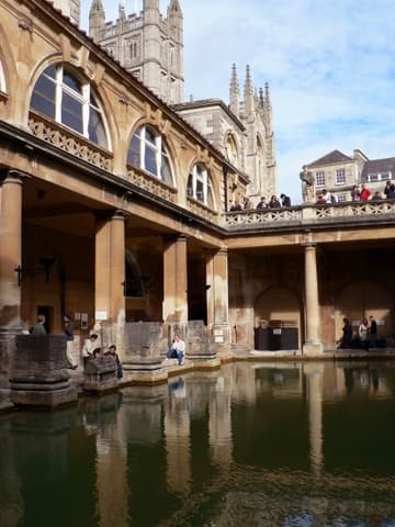 The Roman Baths, with a view of Bath Abbey next door.