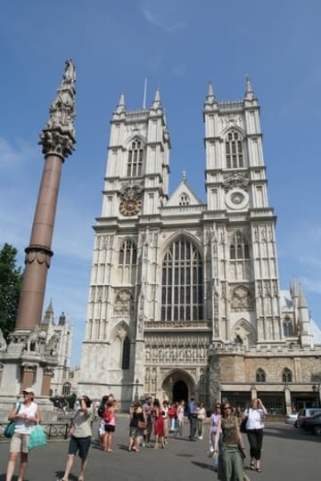 The gleaming west front of Westminster Abbey, London.
