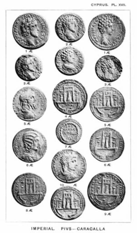 These coins issued by Caracalla (198-217 AD) depict the Temple of Aphrodite at Palea Paphos. The goddess was worshipped in the form of a conical stone, which is clearly seen on the coins.