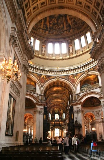 View into the choir from the transept crossing. The glittering mosaics of the vault date from the 1890s. St Paul's Cathedral, 1675-1708, London, England.